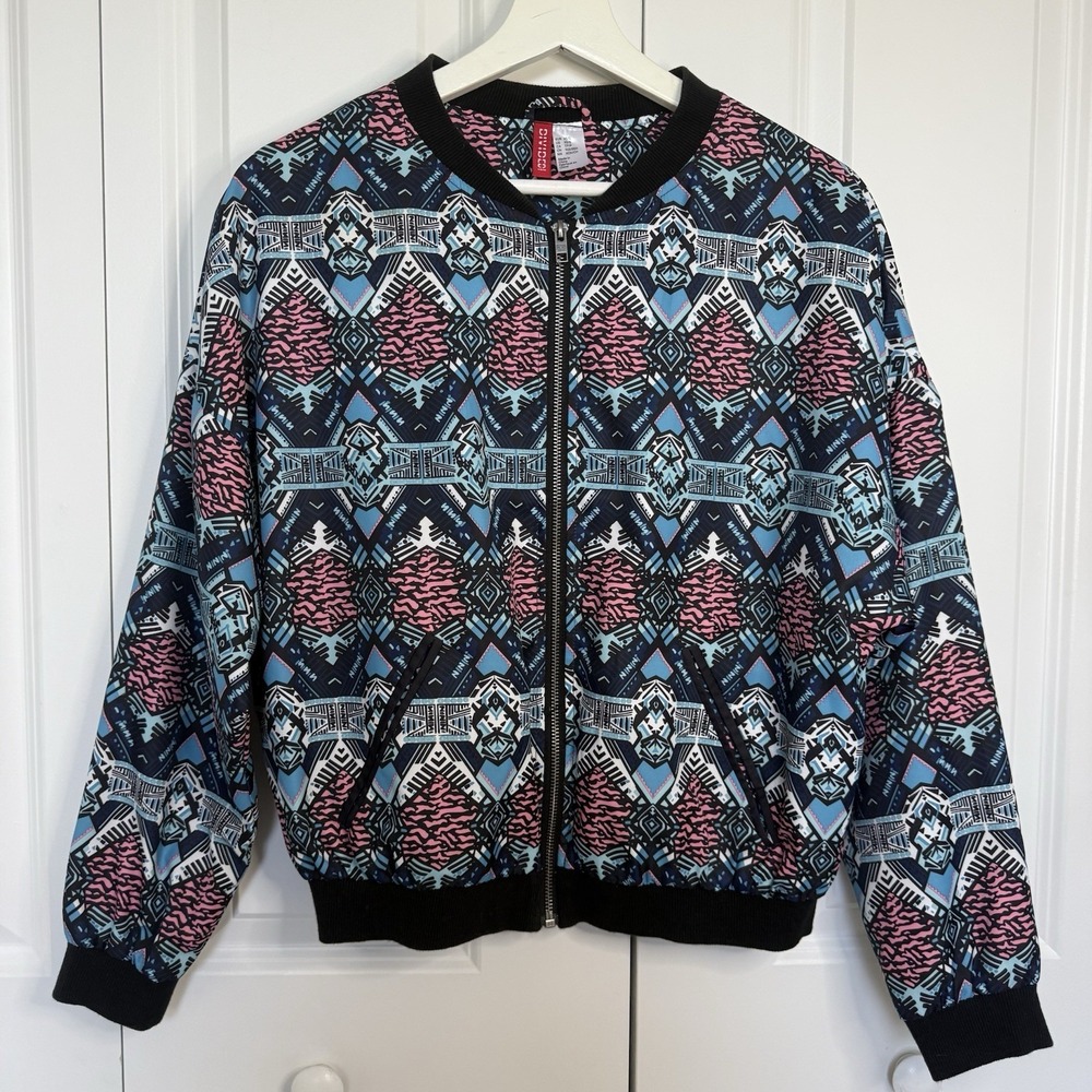 H&M Divided Vintage Bomber Zipper Jacket Aztec Inspired Pattern w/ Pockets XS/S